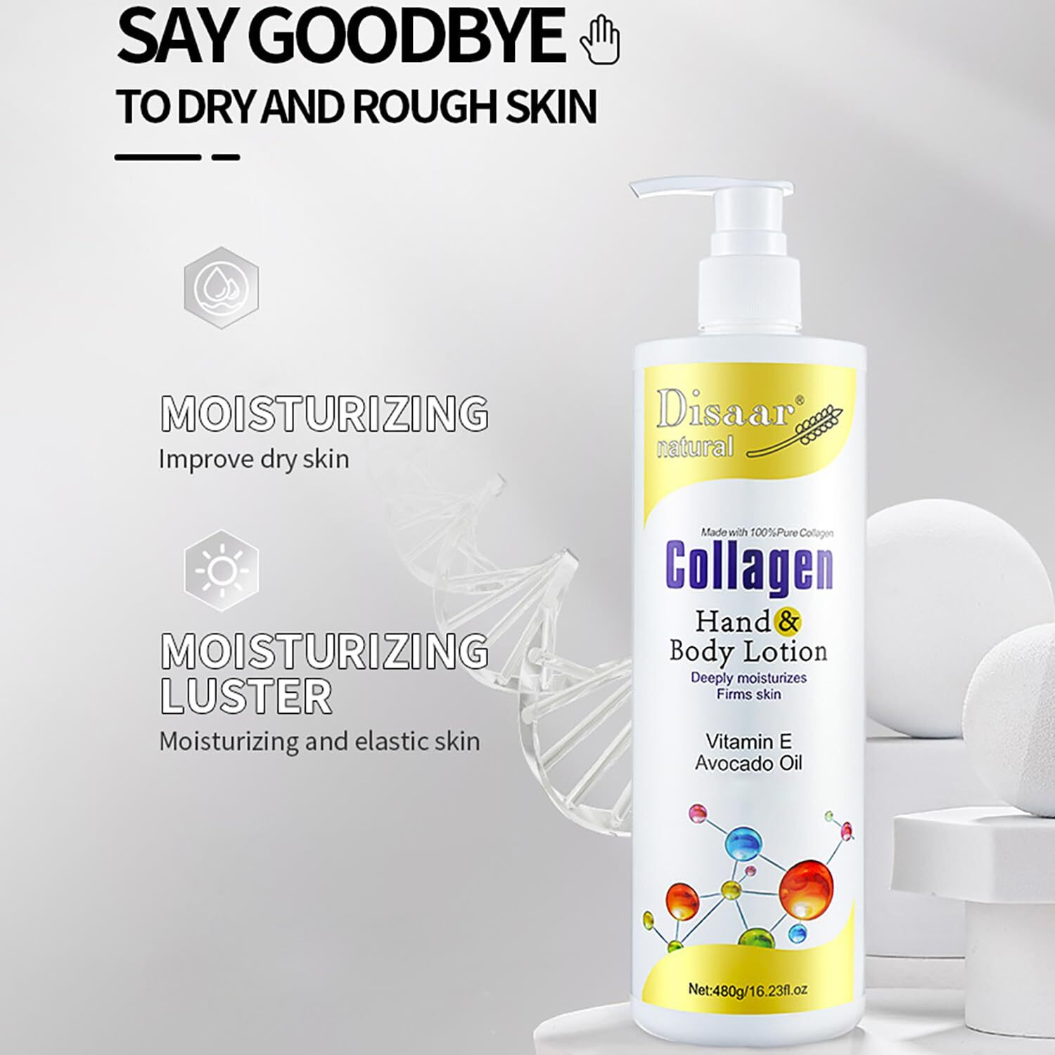 Disaar Beauty Collagen Hand Body Lotion Vitamin E Avocado Oil Deeply Moisturizes Firms Smooth Skin 480G / 16.23Fl.Oz