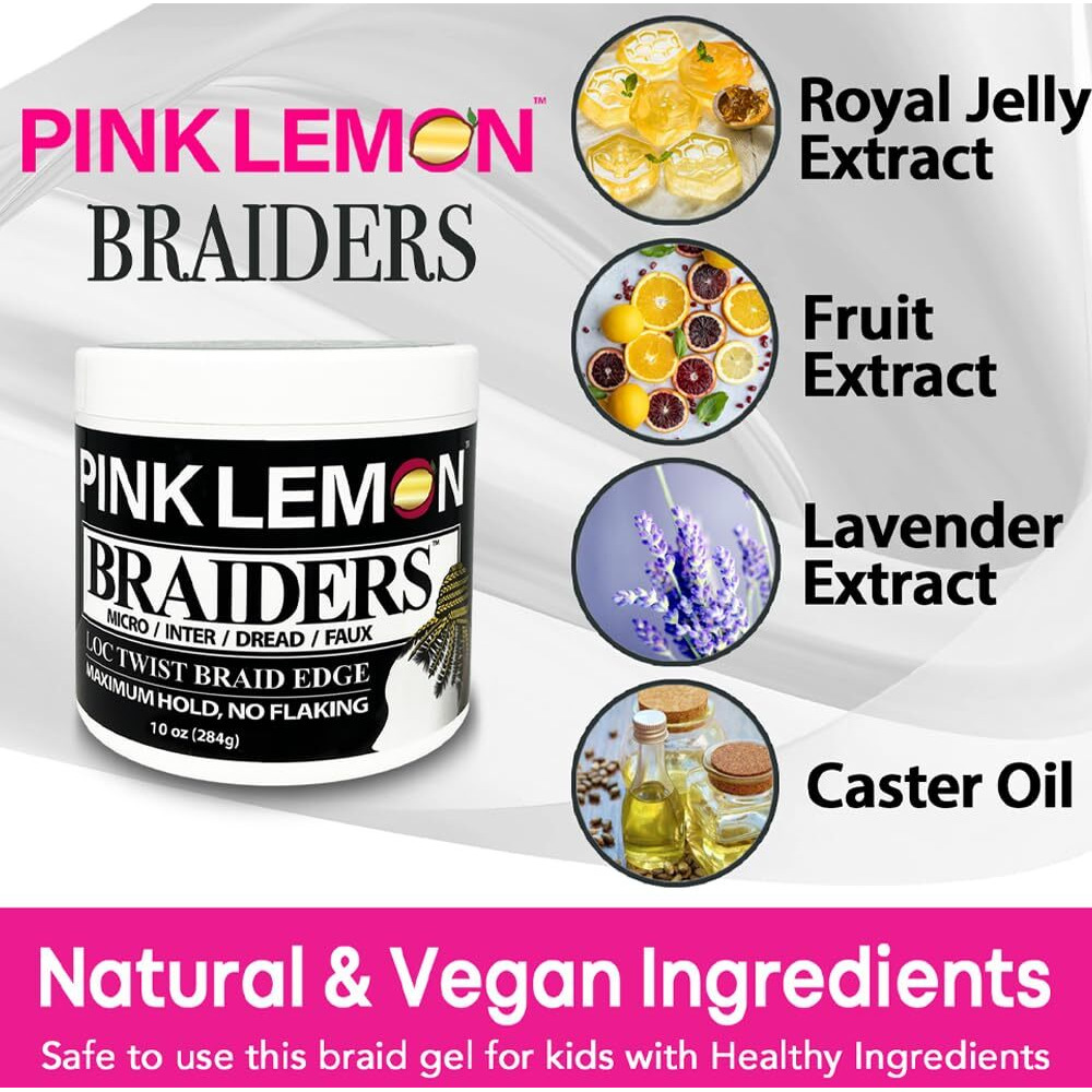 Pink Lemon Braiders - Maximum Hold  No Flaking  Long Lasting Hold  High Shine. For Micro  Inter  Dread  Faux  Loc  Twist  Braid  Edge (10 Oz)