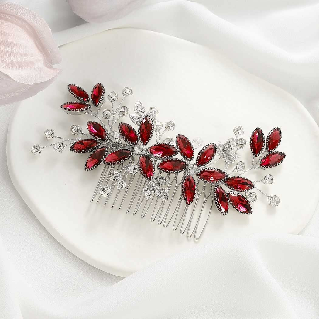 Casdre Crystal Bride Wedding Hair Comb Silver Leaf Bridal Hair Accessories Rhinestone Party Prom Hair Piece For Women And Girls (E Red)