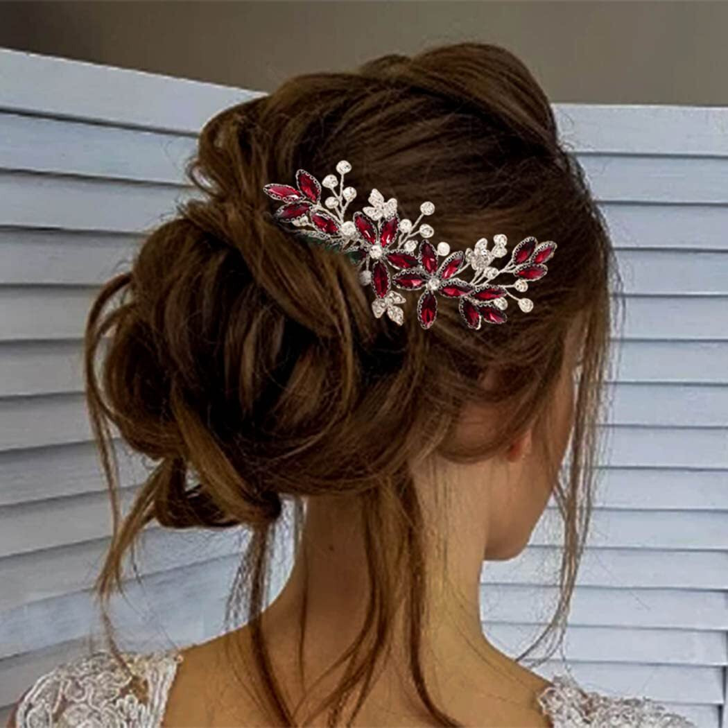 Casdre Crystal Bride Wedding Hair Comb Silver Leaf Bridal Hair Accessories Rhinestone Party Prom Hair Piece For Women And Girls (E Red)