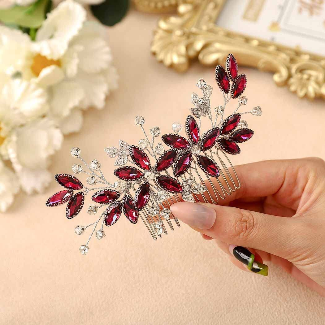 Casdre Crystal Bride Wedding Hair Comb Silver Leaf Bridal Hair Accessories Rhinestone Party Prom Hair Piece For Women And Girls (E Red)