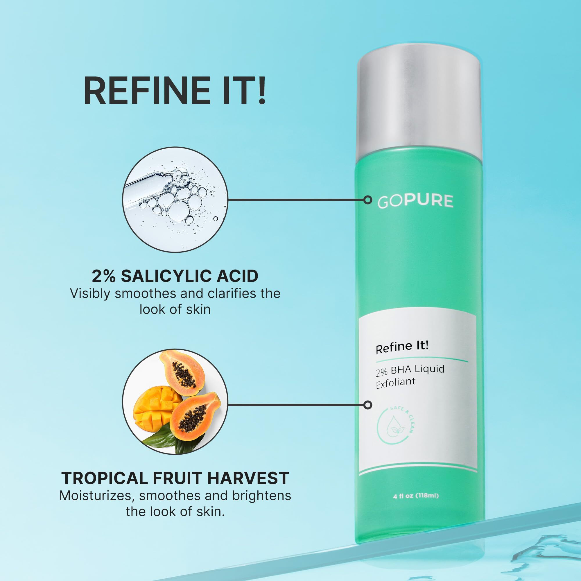 Gopure Refine It 2% Bha Liquid Exfoliant - Pore Refining  Texture Smoothing  Complexion Correcting  Infused With Nourishing Fruit Extracts  Safe For All Skin Types