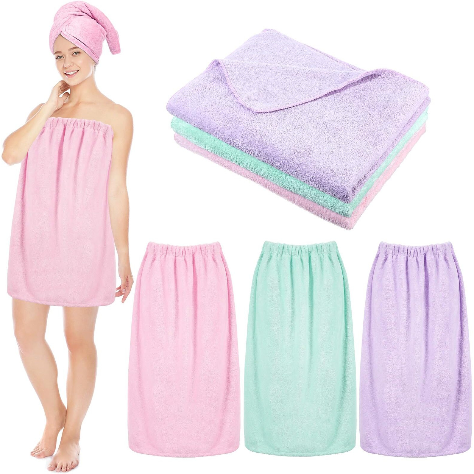 Cuffbow Bath Towel Wrap For Women Set Spa Shower Body Wraps Adjustable Closure Elastic Top Soft Robe With Microfiber Hair Drying Towel(Green  Pink  Purple)