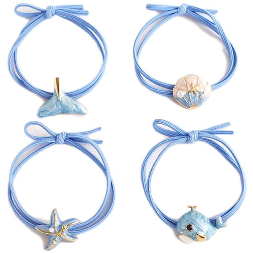 Summer Hair Tie Beach Ponytail Holder Shell Starfish Hair Rope Band Ocean Hair Rings Tie Bw19 (4 Pcs-Set)