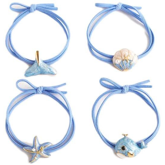 Summer Hair Tie Beach Ponytail Holder Shell Starfish Hair Rope Band Ocean Hair Rings Tie Bw19 (4 Pcs-Set)