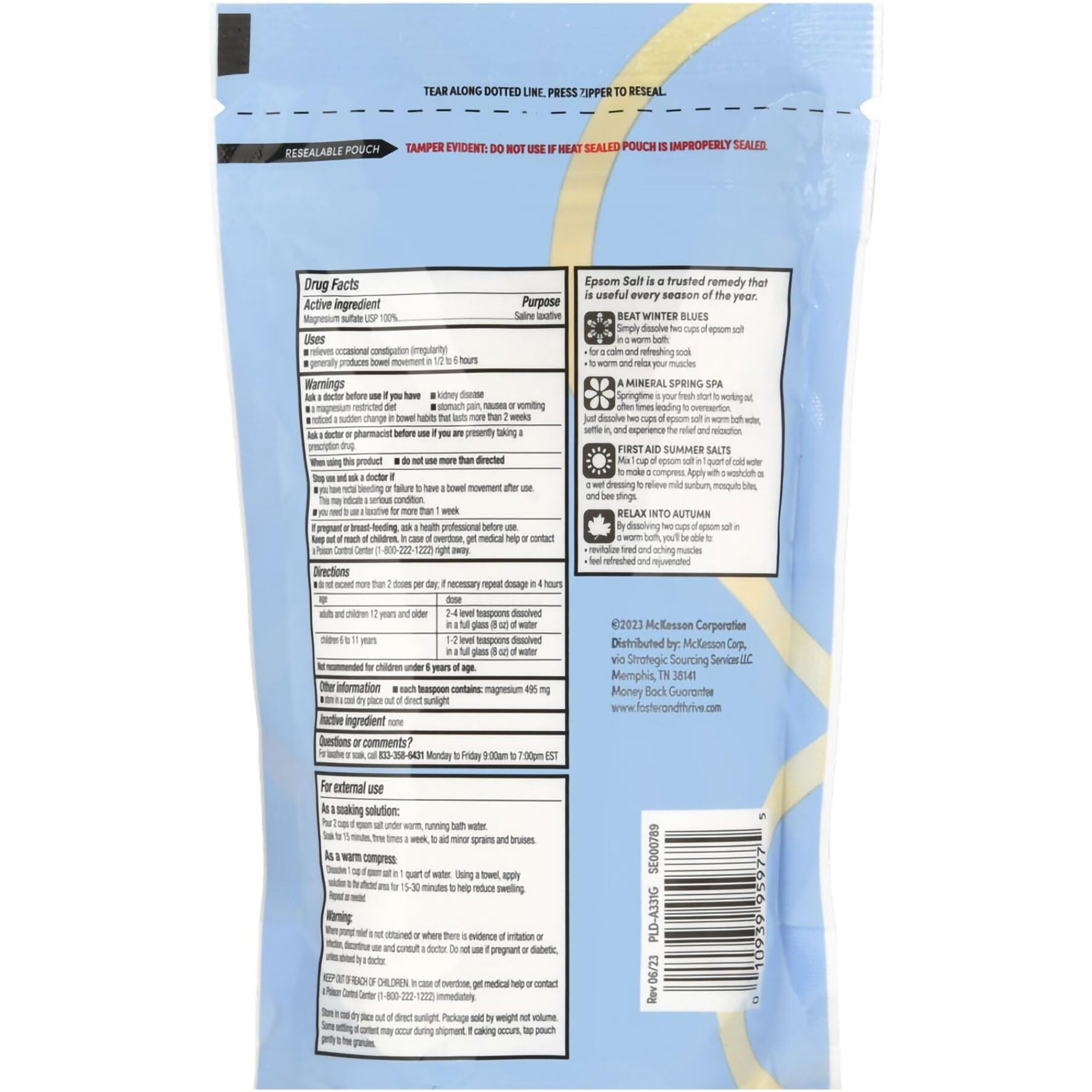 Foster & Thrive 1 Lb Pouch Epsom Salt Granules - Magnesium Sulfate Usp 100% - Saline Laxative - Multi Purpose