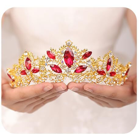 Jwicos Gold Tiara And Crown For Women Red Gem Crown Rhinestone Queen Headband For Wedding Crystal Wedding Hair Accessories For Bachelor Party Pageant Prom Halloween Costume