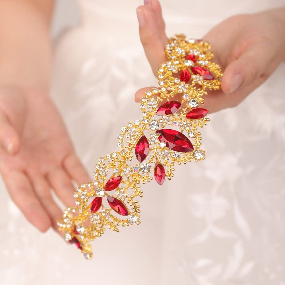 Jwicos Gold Tiara And Crown For Women Red Gem Crown Rhinestone Queen Headband For Wedding Crystal Wedding Hair Accessories For Bachelor Party Pageant Prom Halloween Costume