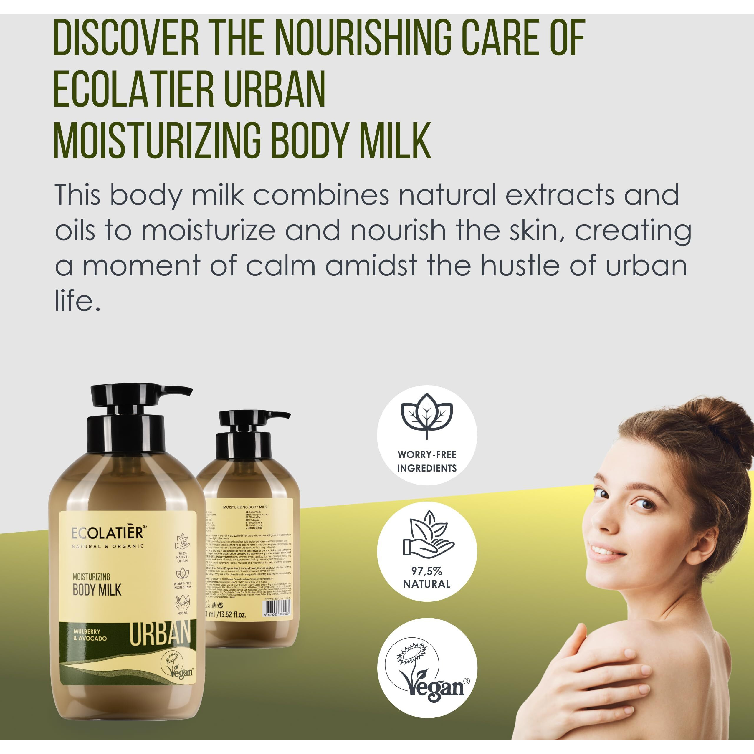 Ecolatir Moisturizing Body Milk - Hydrating Body Lotion For Dry Skin  97.5% Natural  Vegan Certified With Mulberry & Avocado Oil  Lightweight & Non-Greasy Formula For Women & Men - 13.5 Fl Oz
