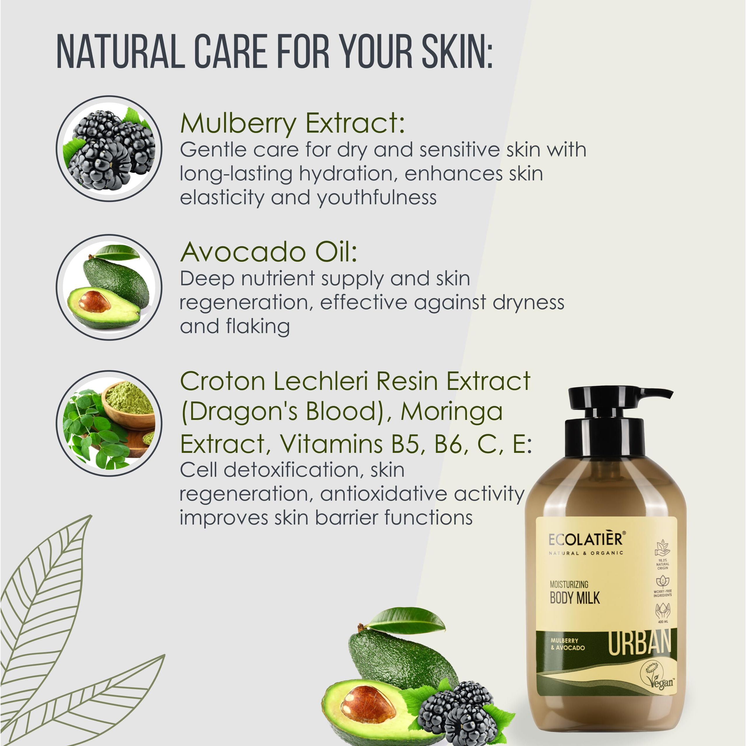 Ecolatir Moisturizing Body Milk - Hydrating Body Lotion For Dry Skin  97.5% Natural  Vegan Certified With Mulberry & Avocado Oil  Lightweight & Non-Greasy Formula For Women & Men - 13.5 Fl Oz