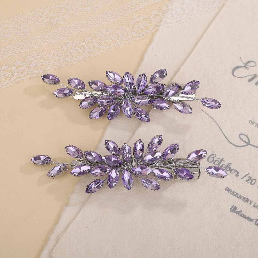 Teyglen Purple Rhinestone Bridal Hair Clips Crystal Wedding Hair Barrette For Women Decorative Hair Accessories Jewelry Sparkly Crystal Hair Piece (Purple)