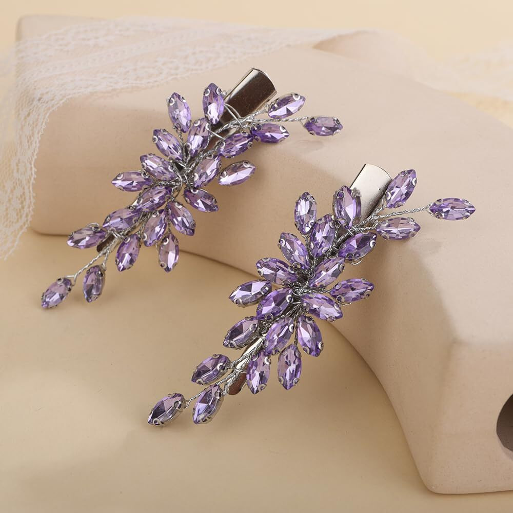 Teyglen Purple Rhinestone Bridal Hair Clips Crystal Wedding Hair Barrette For Women Decorative Hair Accessories Jewelry Sparkly Crystal Hair Piece (Purple)