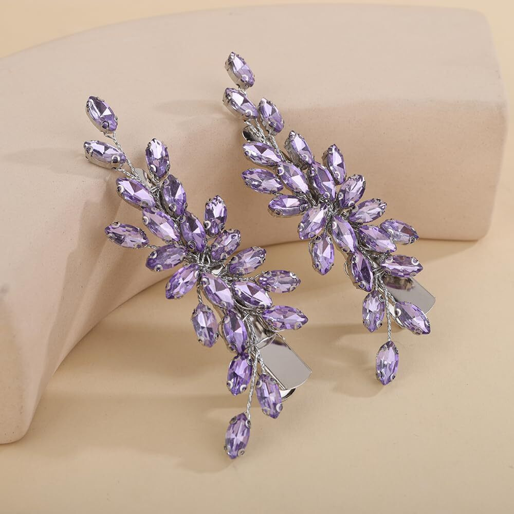 Teyglen Purple Rhinestone Bridal Hair Clips Crystal Wedding Hair Barrette For Women Decorative Hair Accessories Jewelry Sparkly Crystal Hair Piece (Purple)