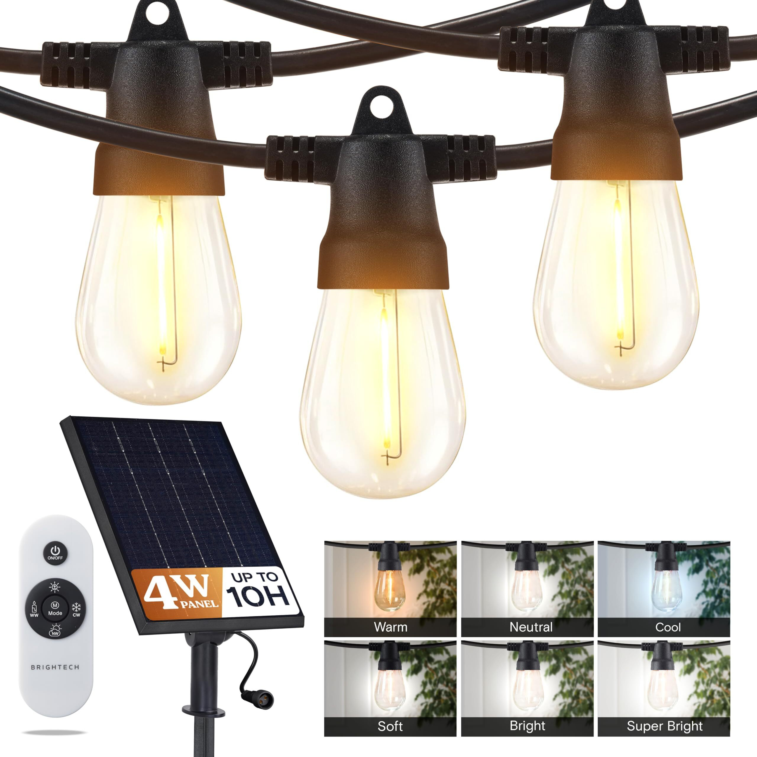 Brightech Ambience Pro Solar String Lights For Outside - Super Bright Remote Control Color Adjustable Outdoor String Light - Commercial Grade String  12 Waterproof Led Bulbs For Patios  Camping - 27Ft