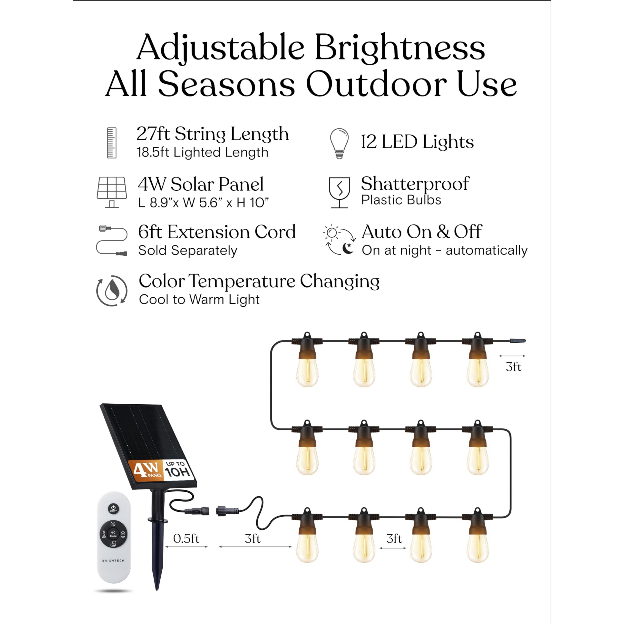 Brightech Ambience Pro Solar String Lights For Outside - Super Bright Remote Control Color Adjustable Outdoor String Light - Commercial Grade String  12 Waterproof Led Bulbs For Patios  Camping - 27Ft