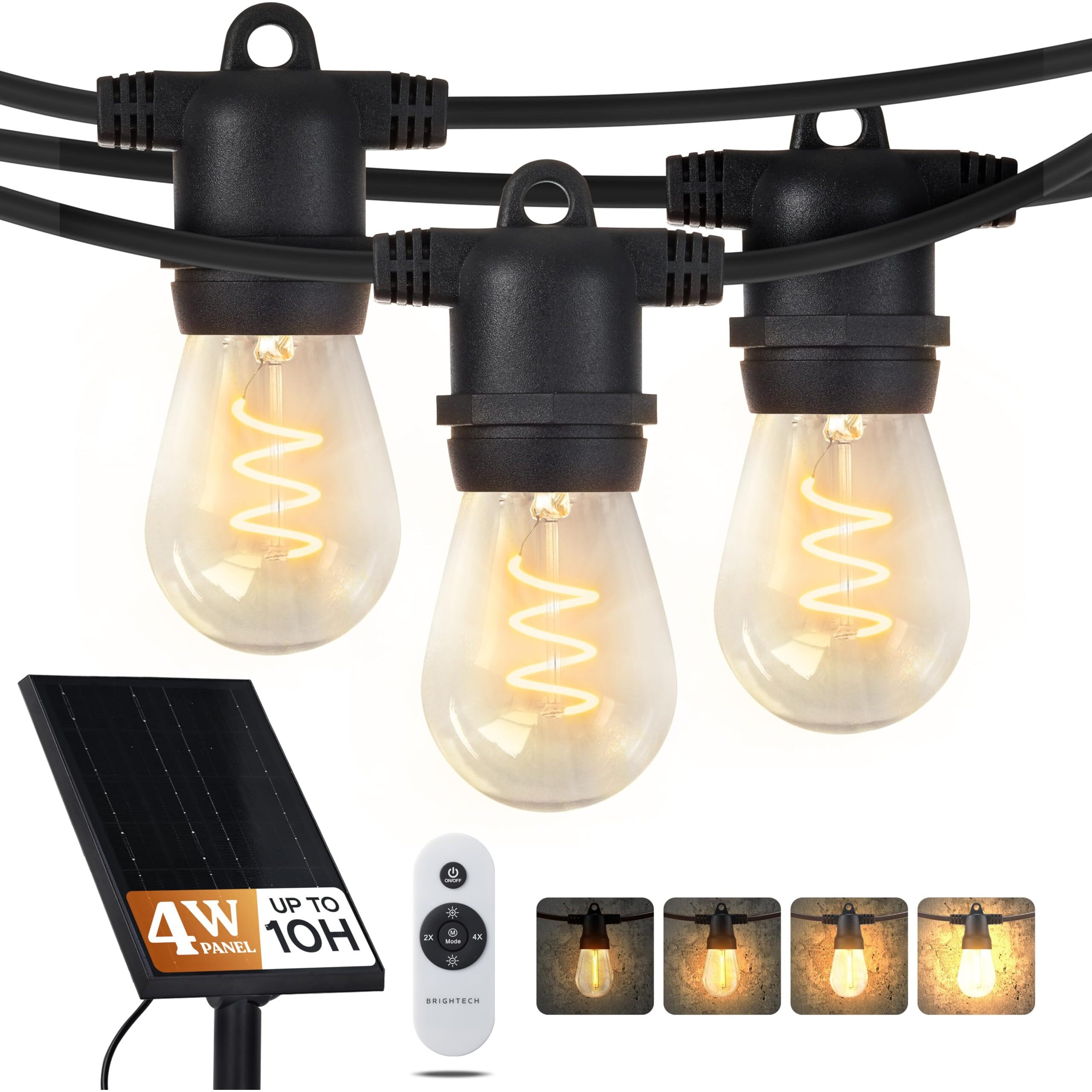 Brightech Ambience Pro Super Bright 48 Ft  15 Bulbs Solar Power Remote Control Outdoor String Lights  Edison Spiral Shatterproof Bulbs  Commercial Grade Led  Waterproof Patio Lights  4W Soft White