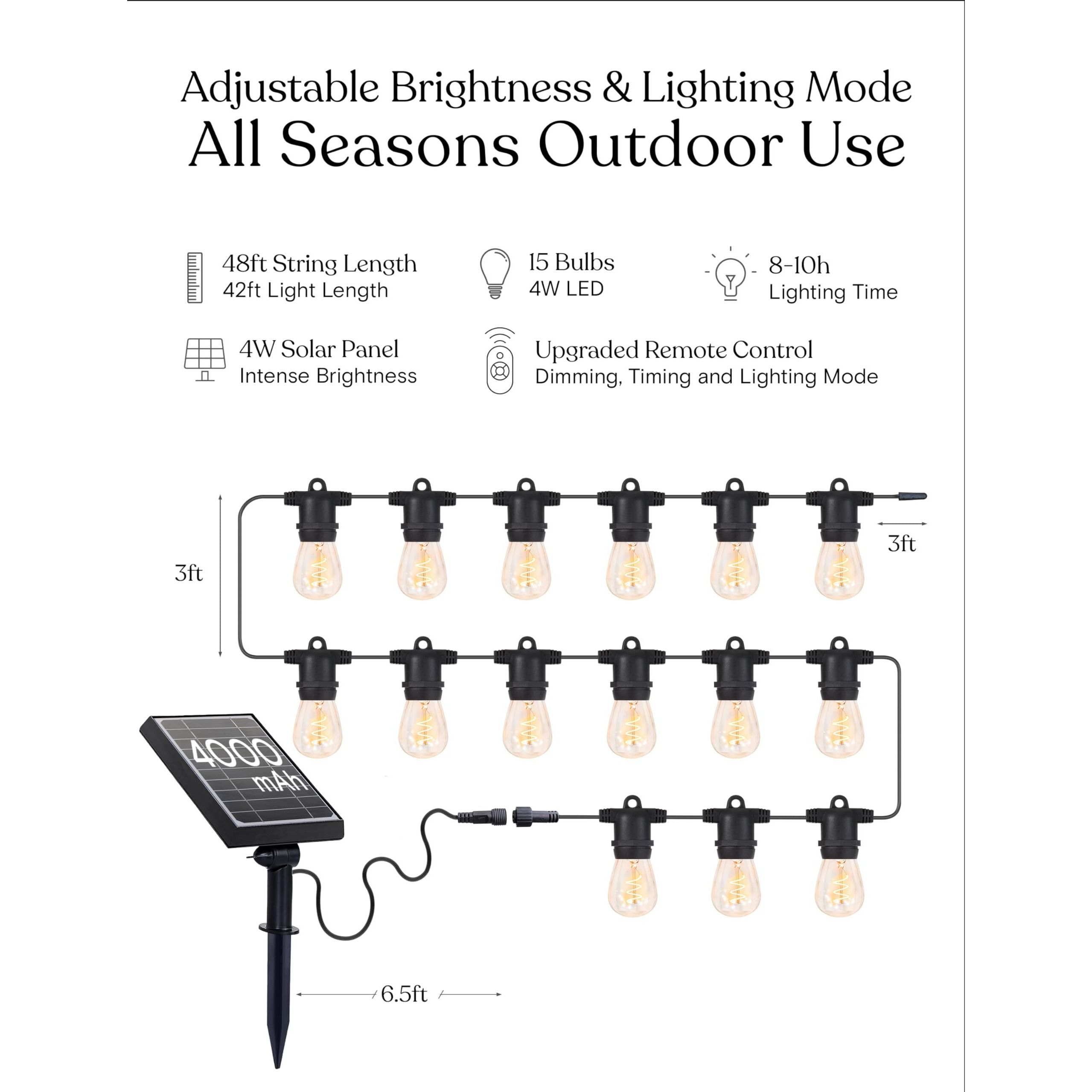 Brightech Ambience Pro Super Bright 48 Ft  15 Bulbs Solar Power Remote Control Outdoor String Lights  Edison Spiral Shatterproof Bulbs  Commercial Grade Led  Waterproof Patio Lights  4W Soft White
