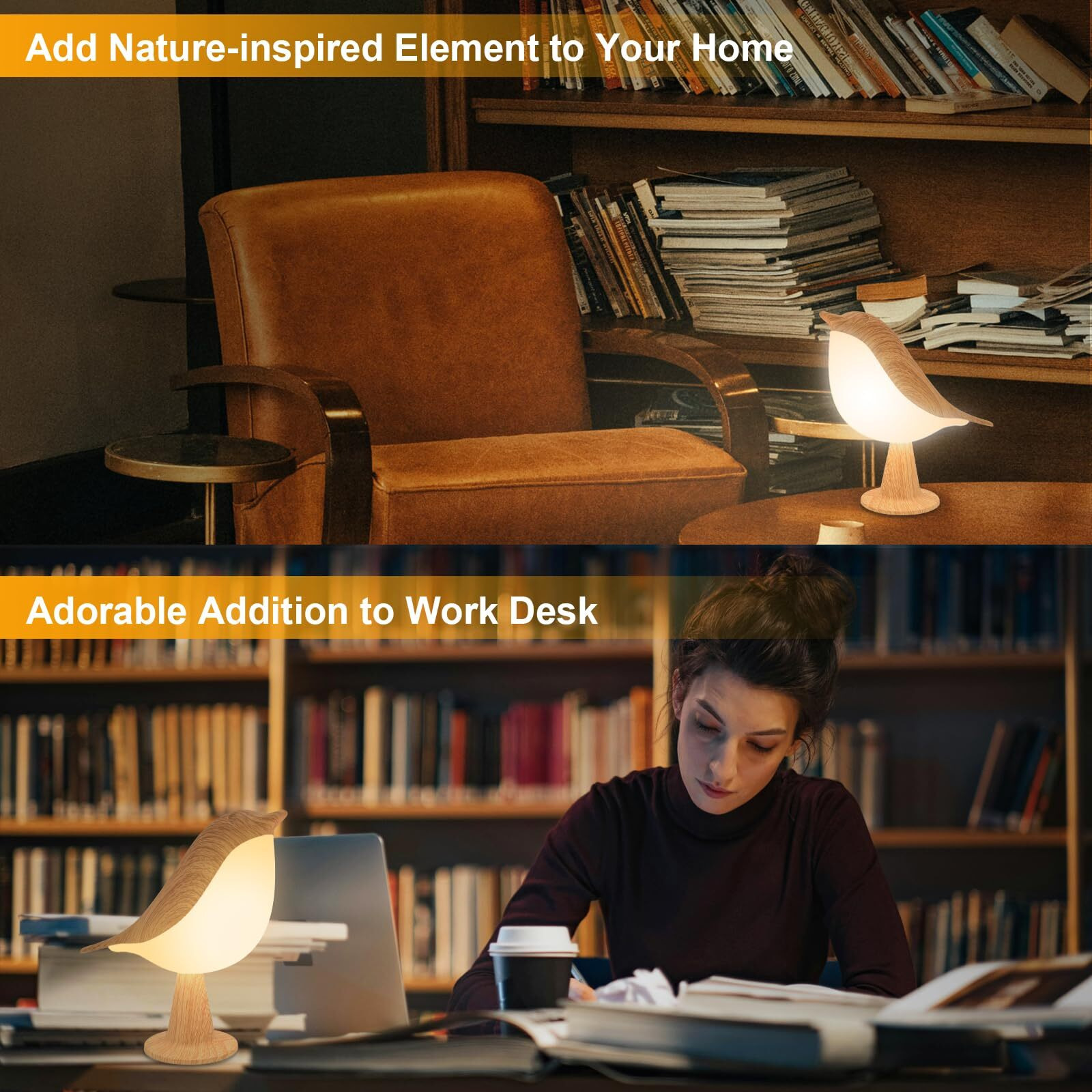 Deogos 2 Cute Bird Lamps Combo Small Bedside Lamps With 3 Color Temperature And Adjustable Brightness Cordless Lamp For Bedroom Nightstand Bedside Table (Wood Tone)