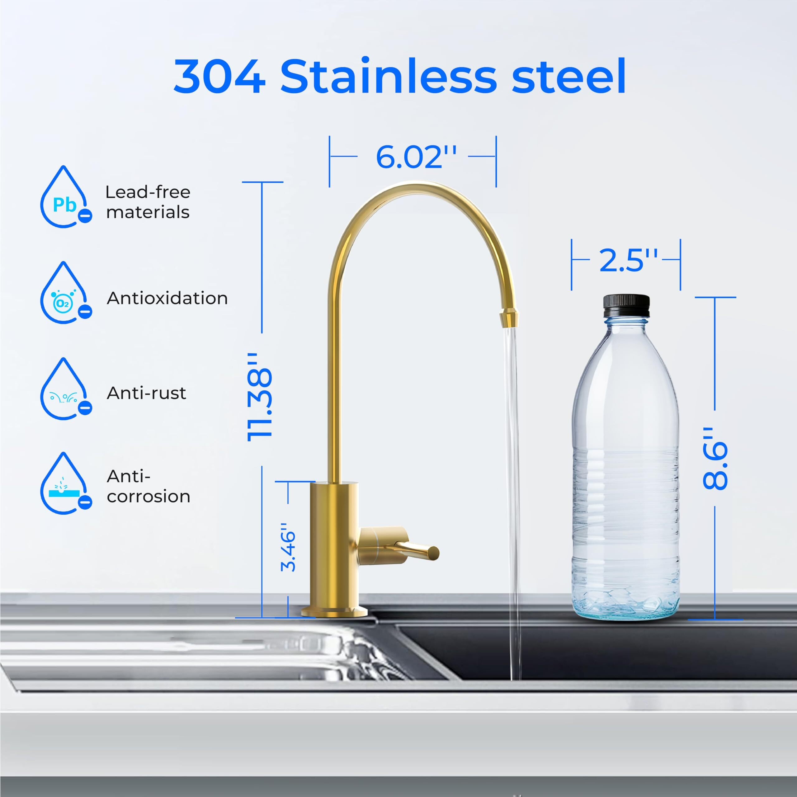 Waterdrop Filtered Water Faucet  Drinking Water Faucet  Reverse Osmosis Faucet  Ro Faucet  Ro Water Faucet  Water Filter Faucet For Kitchen Sink  Stainless Steel  Lead-Free  Brushed Gold