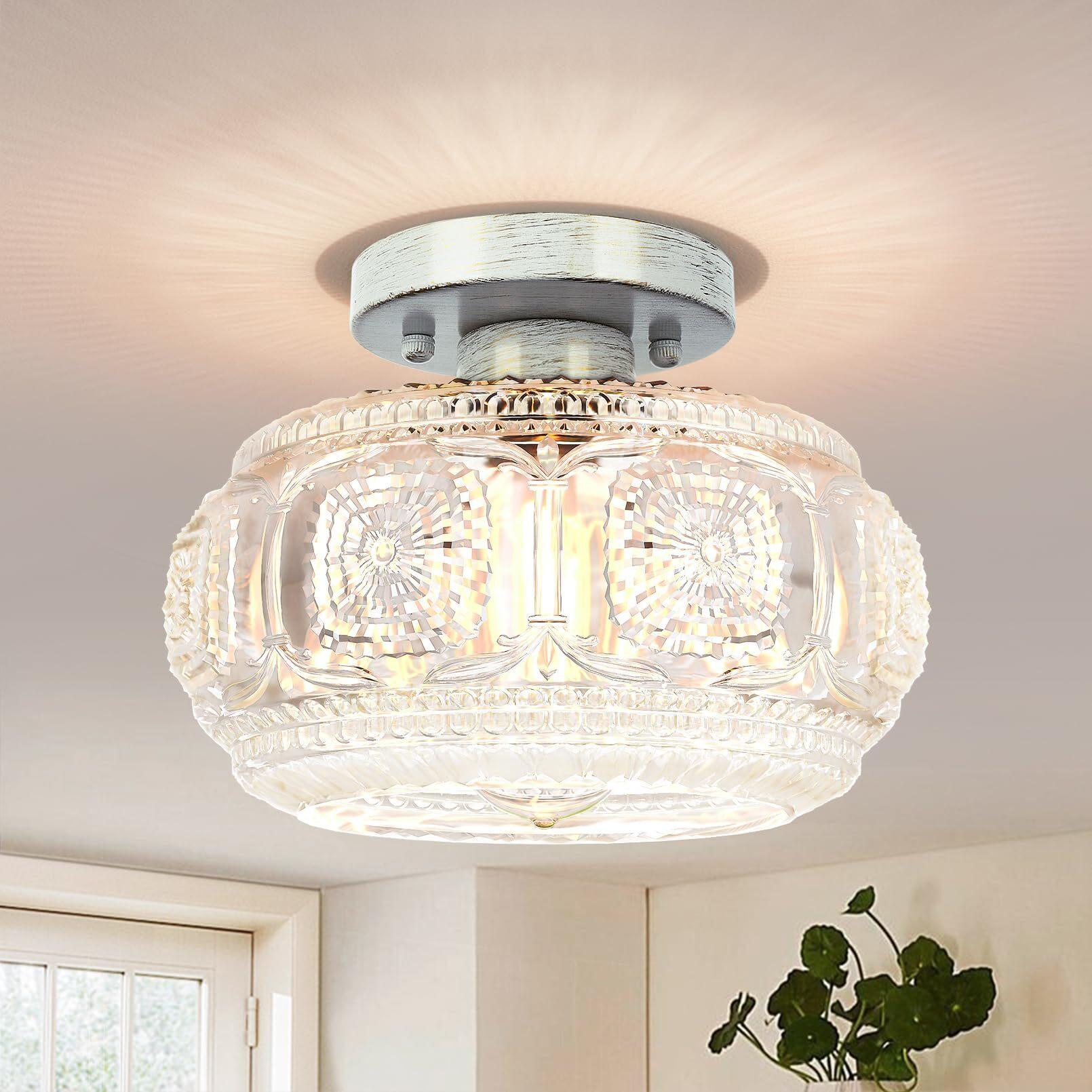 Oykyohei Semi Flush Mount Ceiling Light  Globe Glass Ceiling Light Fixture  Brushed White Oak Modern Lighting For Hallway Bedroom Entryway Kitchen Porch  Bulb Not Included