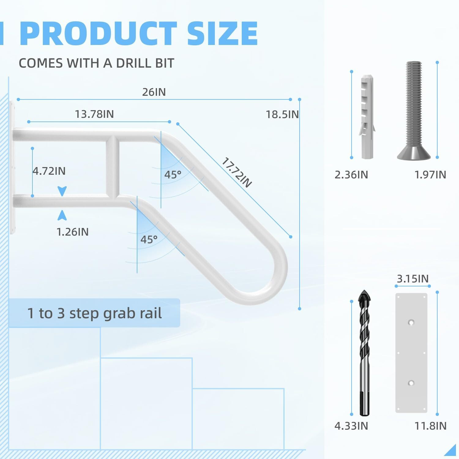 Handrails For Outdoor Steps Wall Mount  Railings For 1-3 Steps  U-Shaped Handrail With Powder Coated Finish  Stair Handrails For Garage  Porch  Yard And Garden (26"" Length  1.25"" Pipe  White)