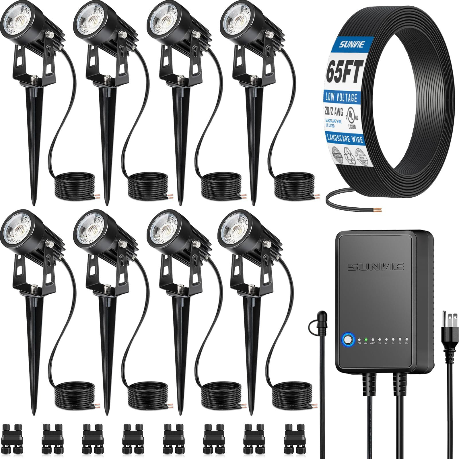 Sunvie All-In-One Led Landscape Lighting Kit  8-Pack Low Voltage Landscape Lights With Transformer And 65Ft Ul-Listed Wire  3000K Waterproof Outdoor Uplights With Connectors For Yard House Garden Tree