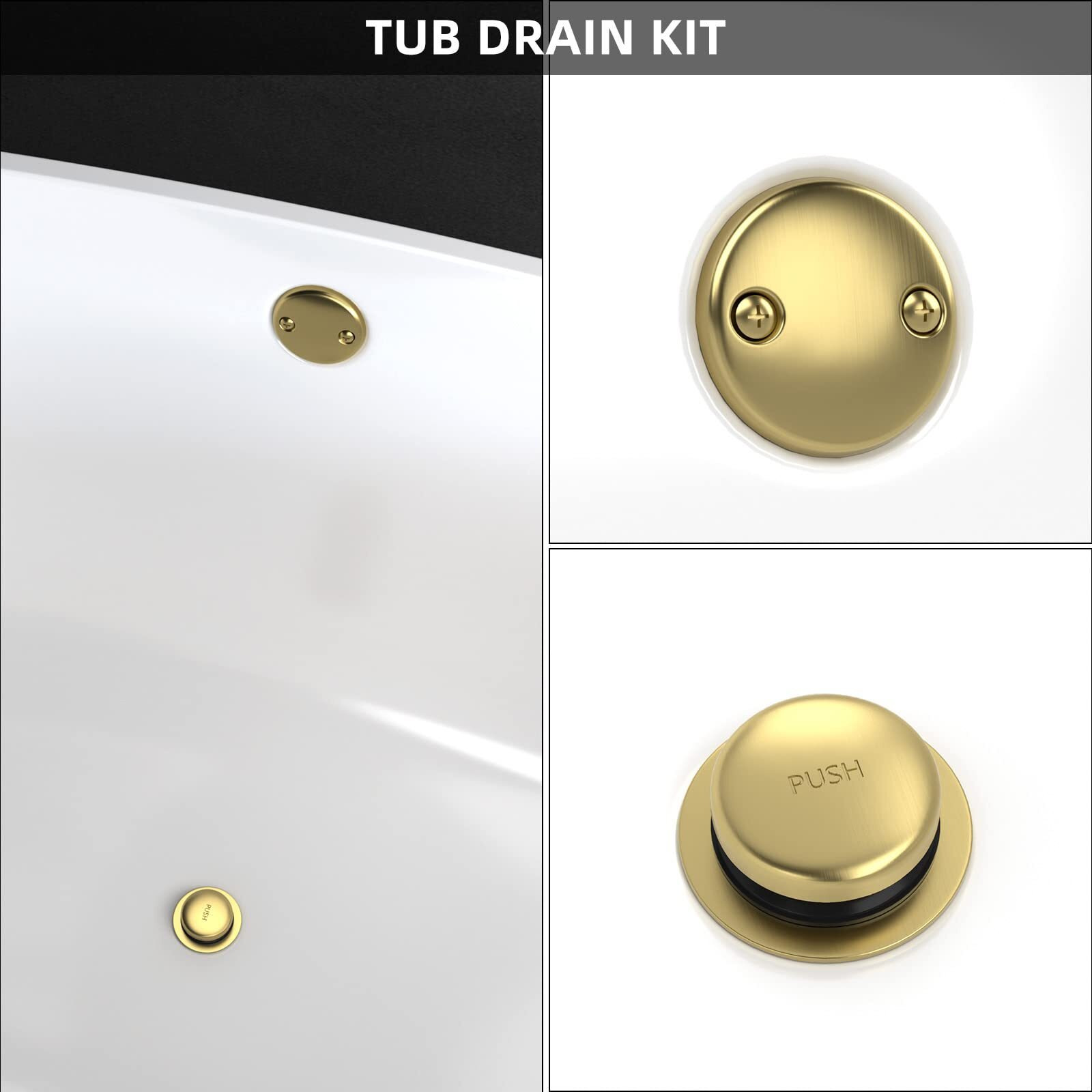All Metal Tip-Toe Bathtub Drain Kit With Two-Hole Overflow Faceplate And Universal Fine/Coarse Thread Assembly  Bath Tub Drain Kit Fits All Bathtub -Brushed Gold