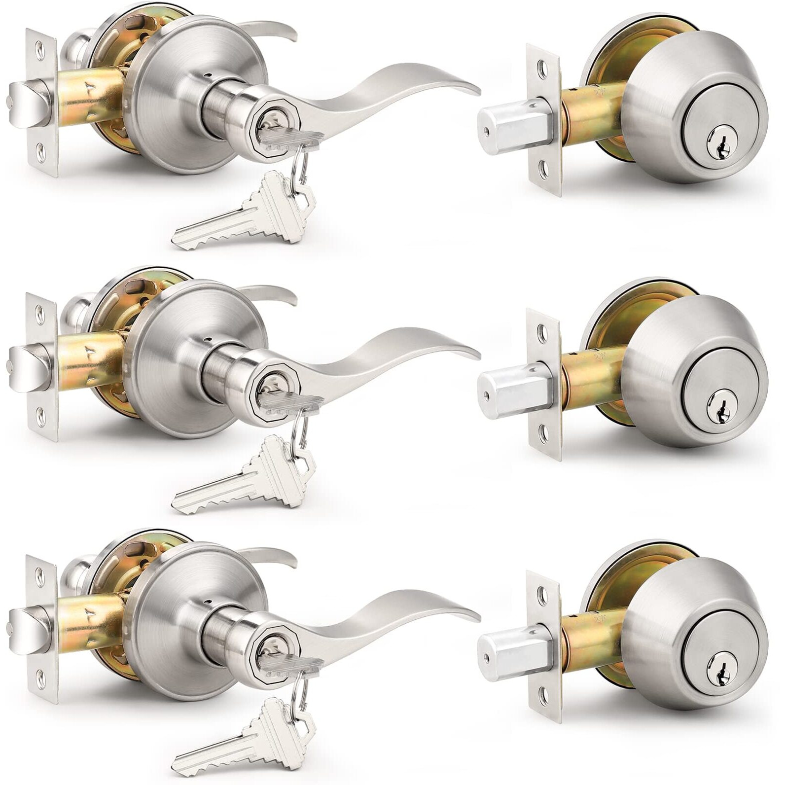 Probrico 3 Set Of Satin Nickel Exterior Entry Lever And Single Cylinder Deadbolt Keyed Alike Combo Pack  Keyed Handleset Lockset Exterior(For Front Door And Outside Gate)