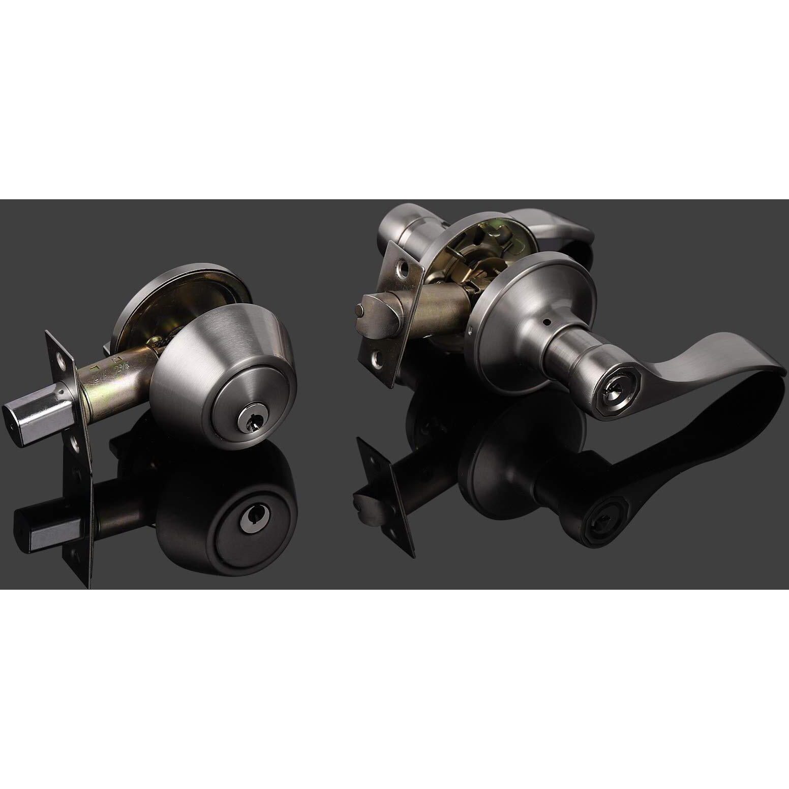 Probrico 3 Set Of Satin Nickel Exterior Entry Lever And Single Cylinder Deadbolt Keyed Alike Combo Pack  Keyed Handleset Lockset Exterior(For Front Door And Outside Gate)