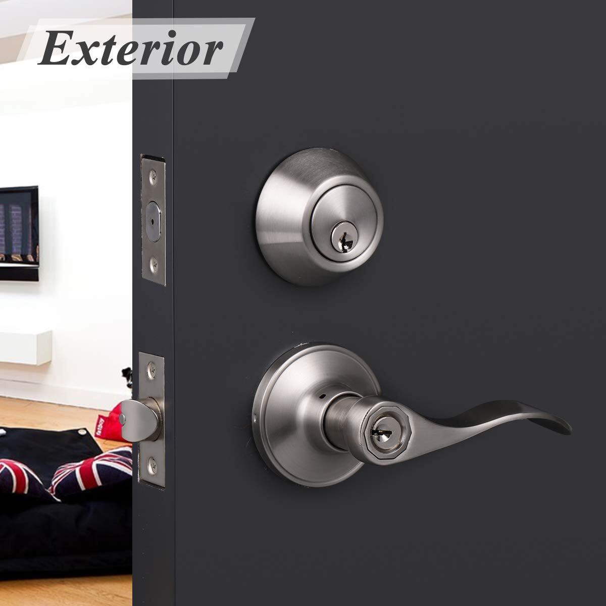 Probrico 3 Set Of Satin Nickel Exterior Entry Lever And Single Cylinder Deadbolt Keyed Alike Combo Pack  Keyed Handleset Lockset Exterior(For Front Door And Outside Gate)