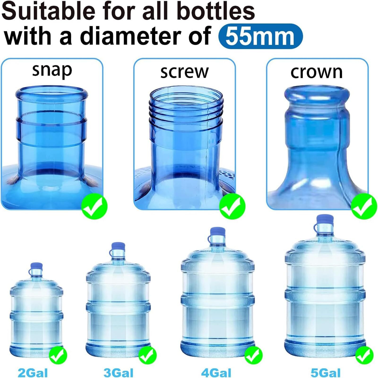 3 & 5 Gallon Water Jug Cap Reusable  Food Grade Silicone Replacement Gallon Caps For 55Mm Standard/Screw/Crown Tops Water Bottle And Water Dispensers  Non-Spill Lids For Anti-Splash  Leak Free (5Pcs)