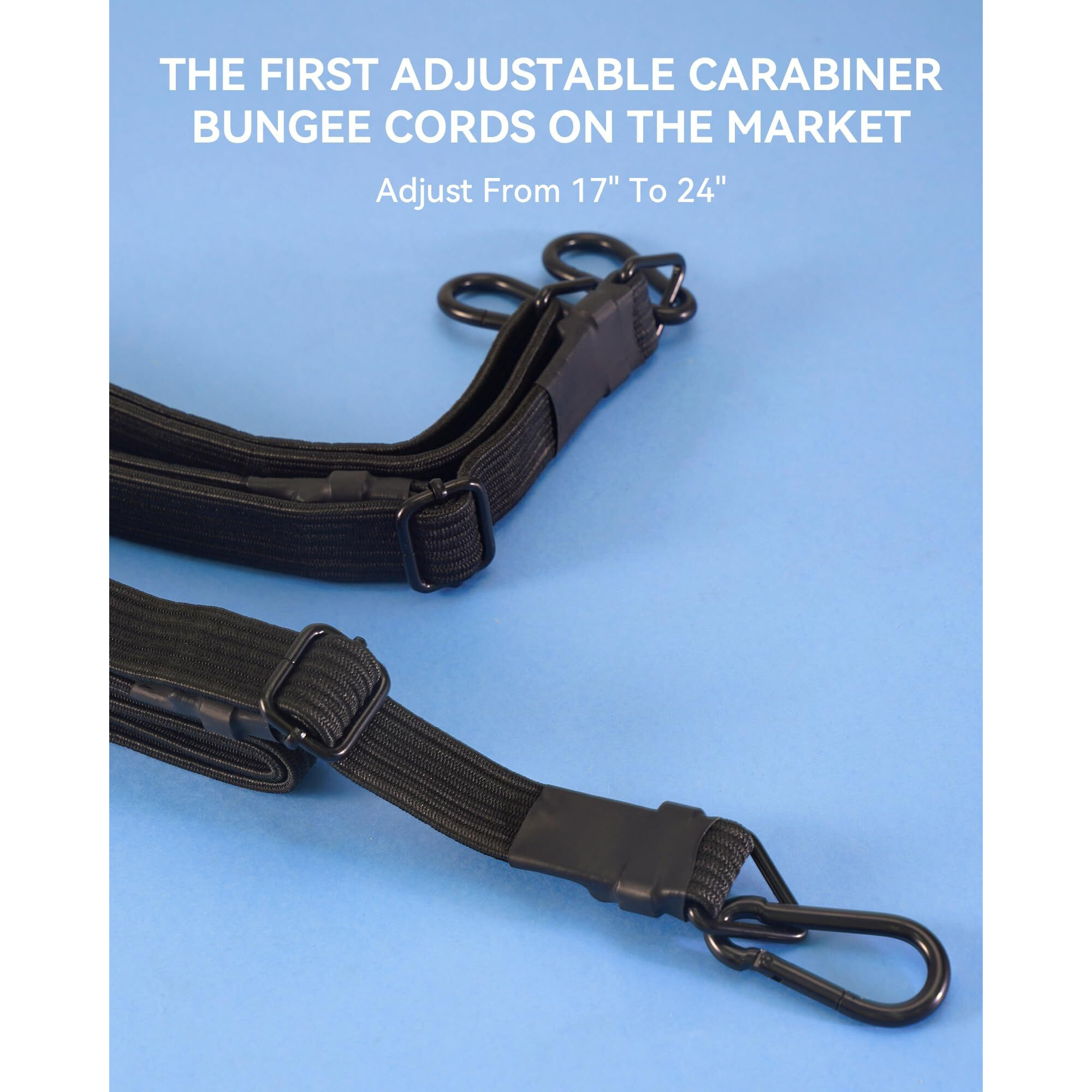 24 Inch Adjustable Carabiner Bungee Cords With 190 Lbs Max Break Strength - Adjust From 17"" To 24"" - Heavy Duty Flat Carabiner Bungee Straps With Upgraded Hooks For Tents  Cargo  Luggage  Etc (4 Pcs)