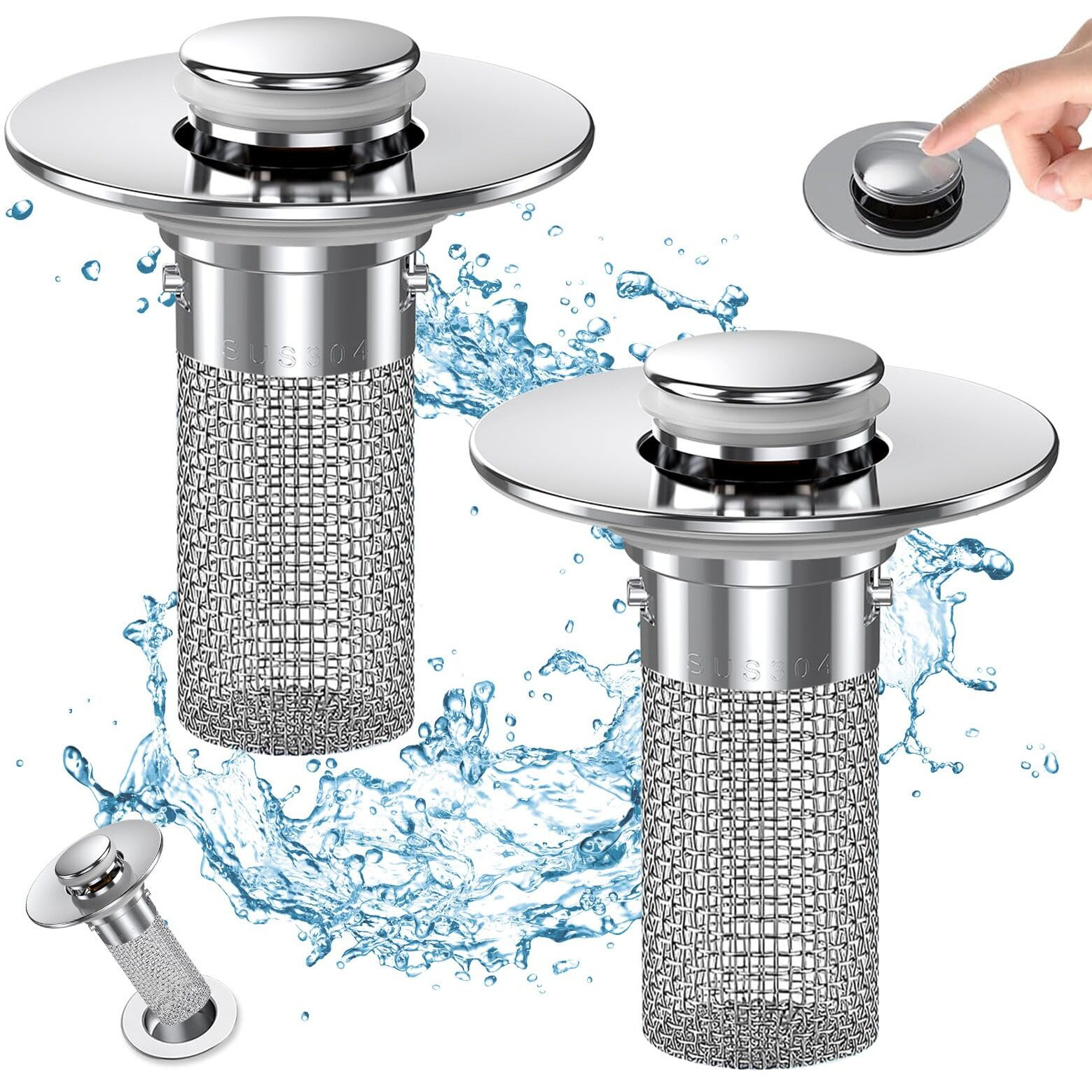 Bathroom Sink Drain Strainer  Pop Up Sink Drain Filter With Removable Stainless Steel Filter Basket Hair Catcher  Bathroom Sink Drain Stopper  For Us Bathroom Sink Stopper Replacement (2Pcs)