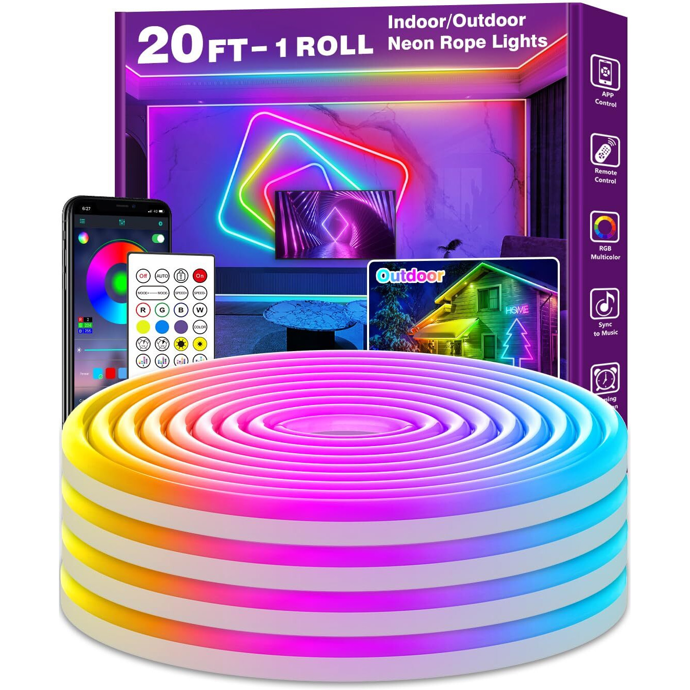 20Ft Neon Rope Lights Flexible Led Rope Lights Control With App/Remote Multiple Modes Rope Lights Ip65 Outdoor Rgb Led Neon Lights Waterproof Music Sync Gaming Led Neon Light Strip For Bedroom Decor