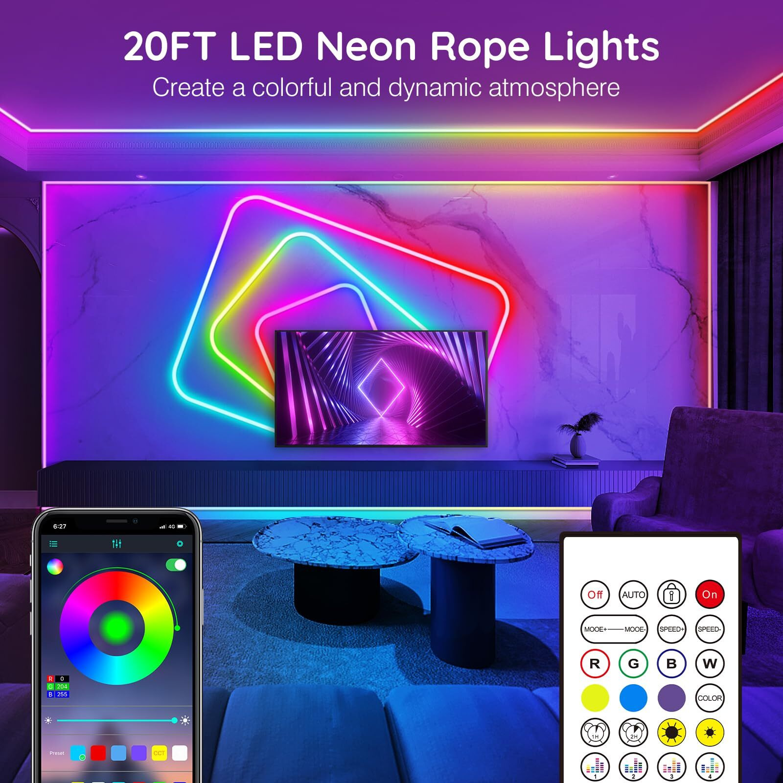 20Ft Neon Rope Lights Flexible Led Rope Lights Control With App/Remote Multiple Modes Rope Lights Ip65 Outdoor Rgb Led Neon Lights Waterproof Music Sync Gaming Led Neon Light Strip For Bedroom Decor