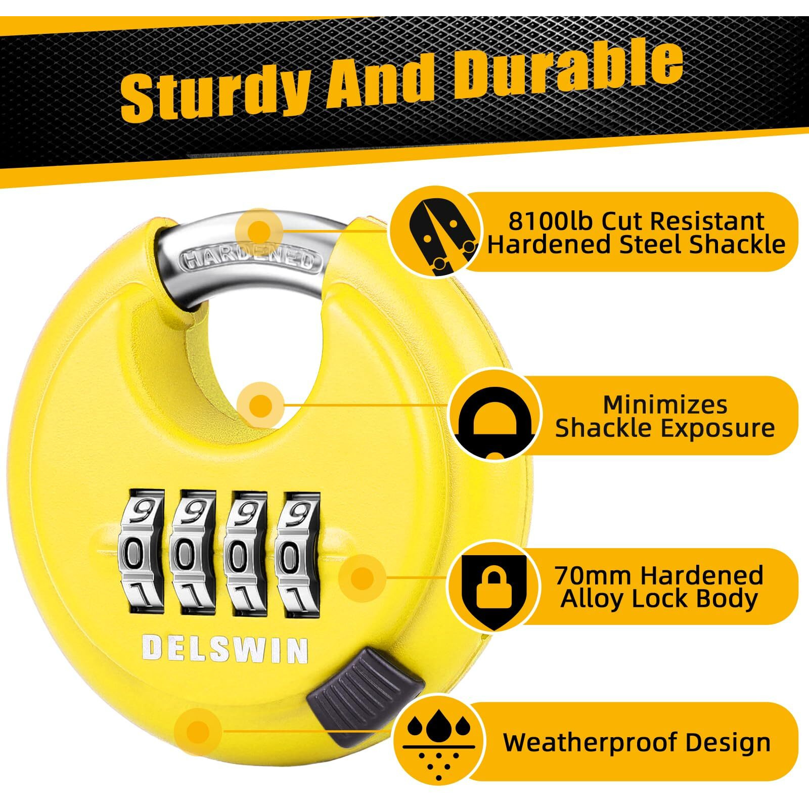 Delswin 4 Digit Combination Disc Padlock With Hardened Steel Shackle Combo Lock For Sheds  Storage Unit  School Gym Locker And Fence (Yellow 1Pcs)