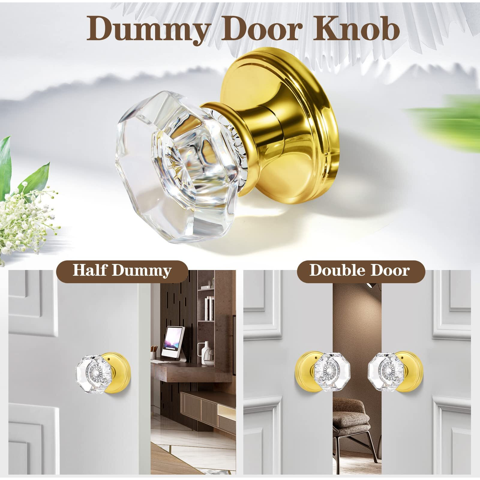 Clctk 2 Pack Crystal Dummy Door Knobs  Non-Turning Single Side Dummy Door Knob Set  Polished Brass/Gold