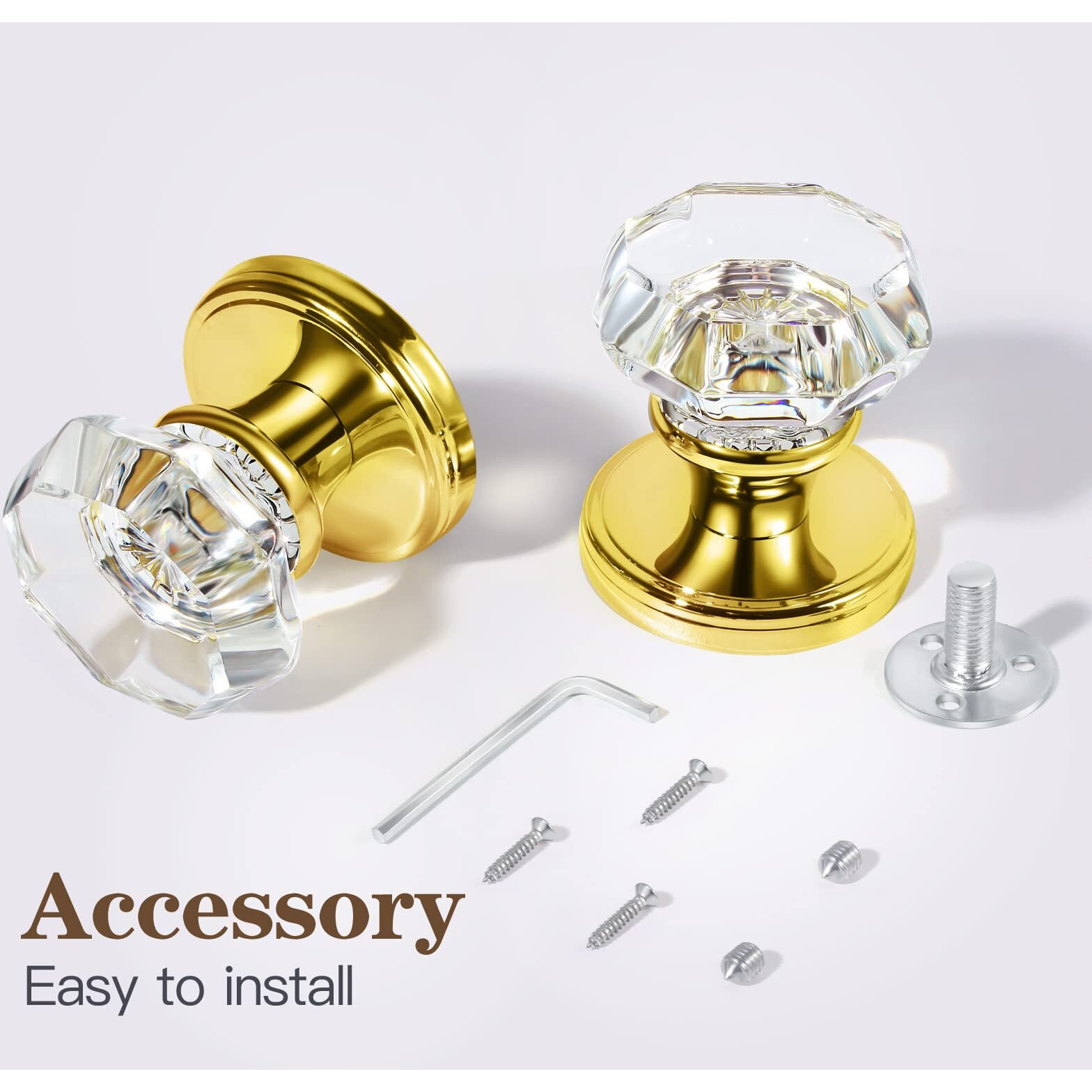 Clctk 2 Pack Crystal Dummy Door Knobs  Non-Turning Single Side Dummy Door Knob Set  Polished Brass/Gold