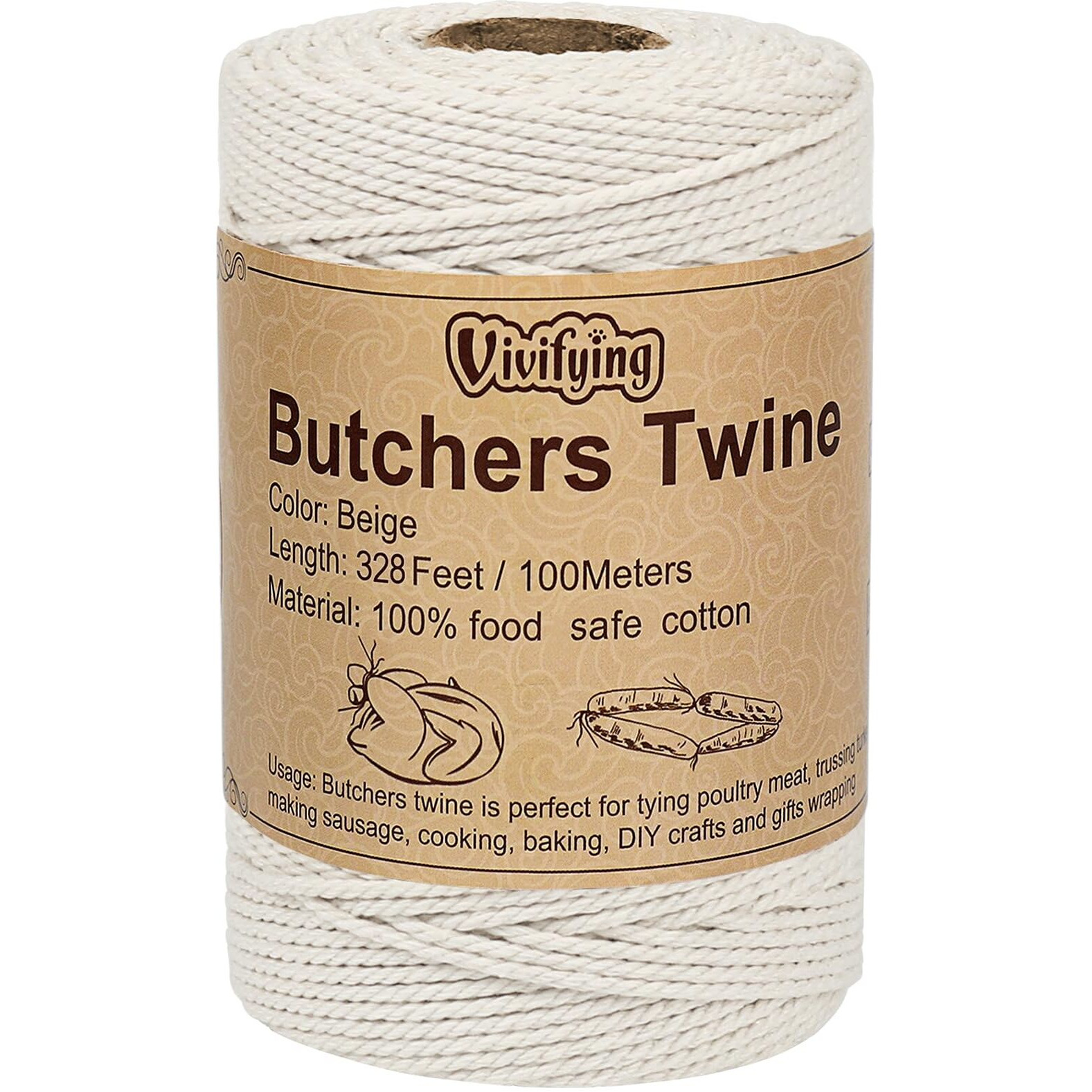 Vivifying Butchers Twine  328 Feet 2Mm Food Safe Cotton Bakers String For Tying Meat  Making Sausage  Trussing Turkey  Roasting  Cooking And Packing(Beige)