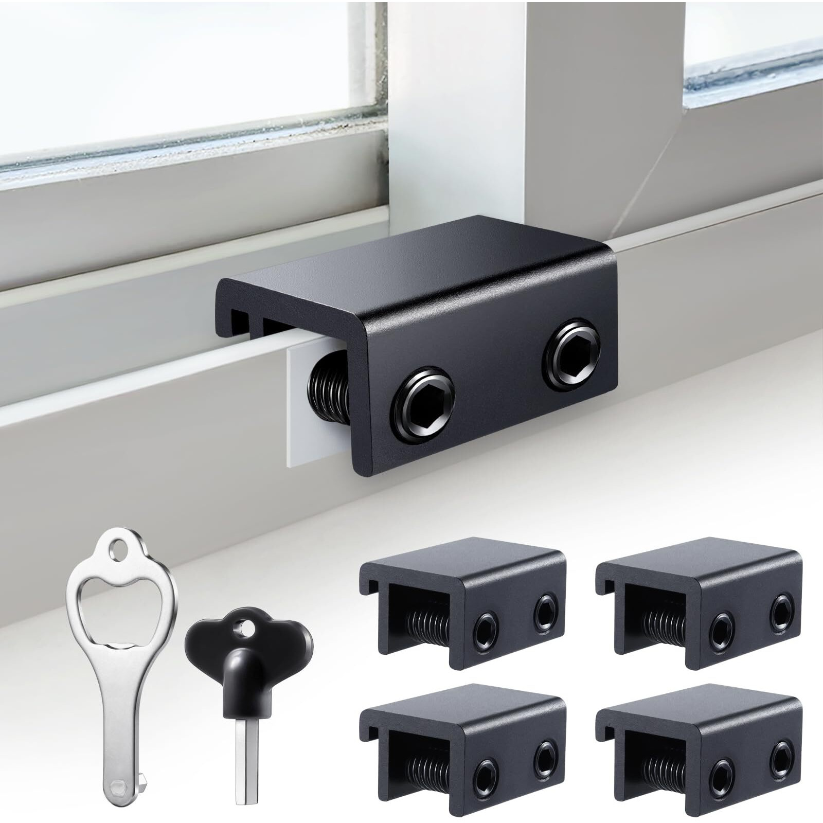 Sliding Window Locks (4 Sets)  Security Window Locks With Keys  Adjustable Aluminum Sliding Window Stops  Easy Installation Without Drilling  For Vertical And Horizontal Sliding Windows (Black)