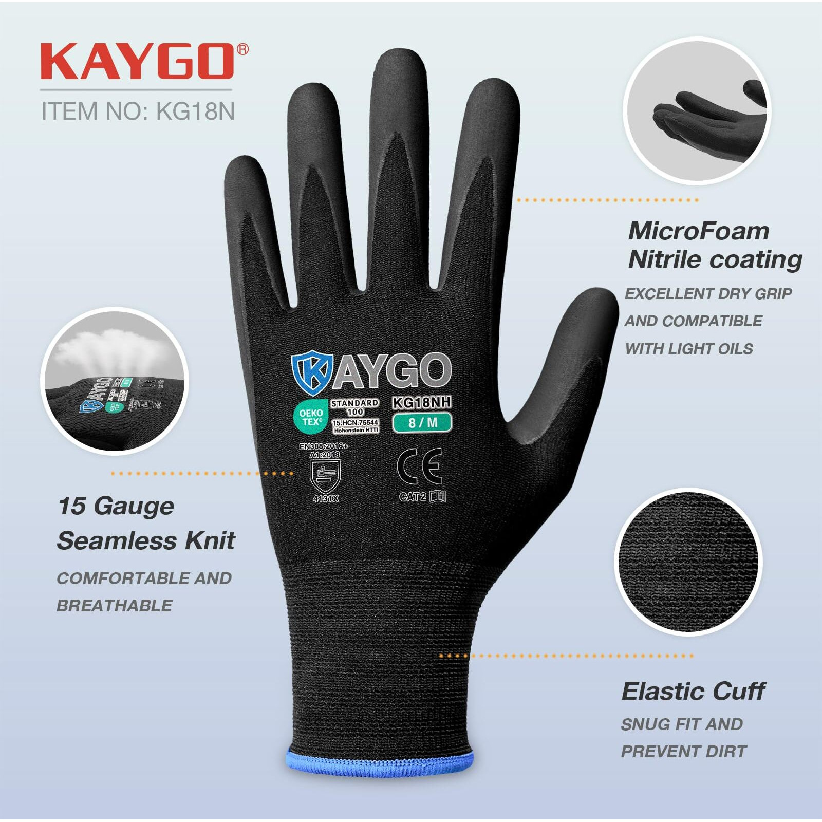 Kaygo Safety Work Gloves Microfoam Nitrile Coated  12 Pairs Kg18Nb Seamless Knit Nylon Glove With Full Fingers Touchscreen  Ideal For Automotive Warehouse Construction (2Xl  Black)