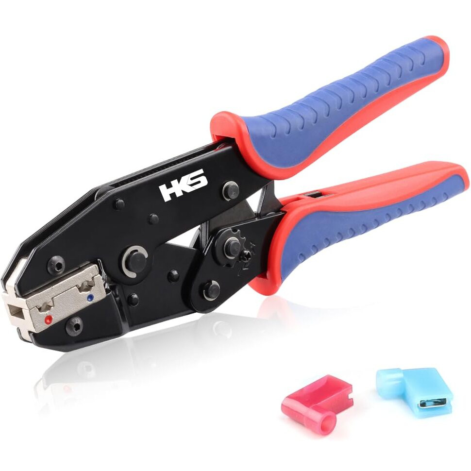 Hks Crimping Tool For Insulated Flag Terminals - Ratcheting Wire Crimpers - Awg 22-14 (0.5-2.5Mm) - Ratchet Terminal Crimper - Electrical Crimping Tool