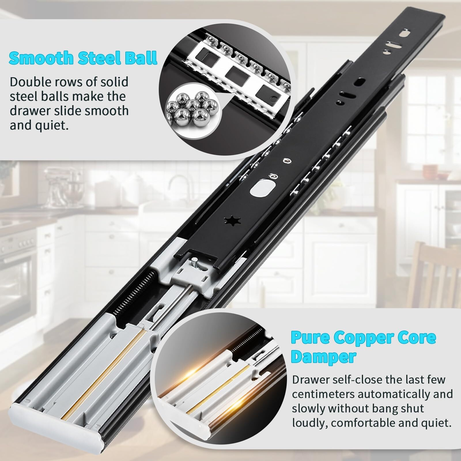 Yenuo Soft Close Drawer Slides Full Extension Side Mount 12 14 16 18 20 22 24 Inch Ball Bearing Metal Rails Track Guide Glides Runners Heavy Duty 100 Pound (Soft Close -1 Pair  14 Inch)