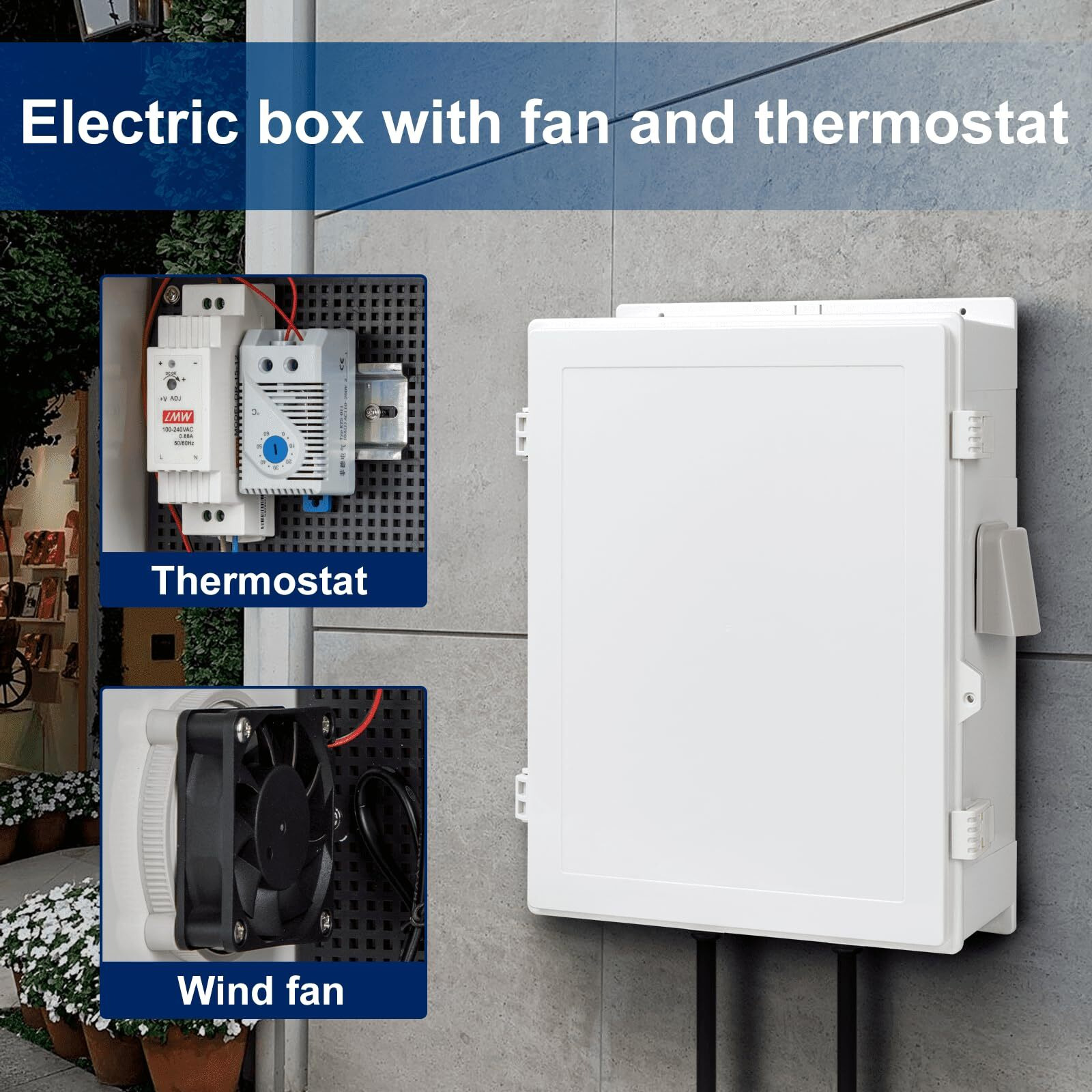 Namunanee Outdoor Electrical Box With Thermostat And Fan  Abs Water Resistant Enclosure With Internal Mounting Panel & Hinged Cover  18.1 "" H* 12.6 "" L* 6.3 "" W  Plug & Play.