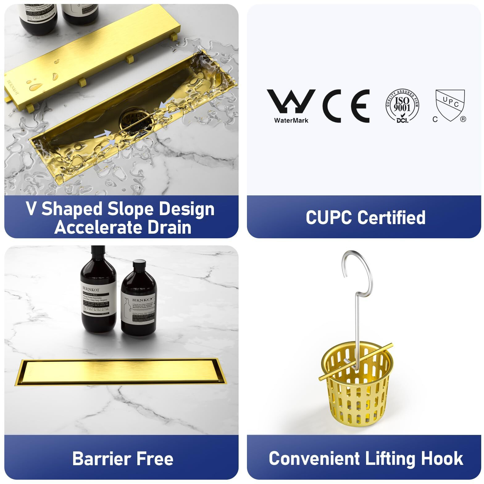 Bernkot Linear Shower Drain 12""  Brushed Gold Floor Drain With Tiled Insert Grate & Hair Strainer  304 Stainless Steel Bathroom 2-In-1 Tiled In Drain  Cupc Certified (Brushed Gold  12'')