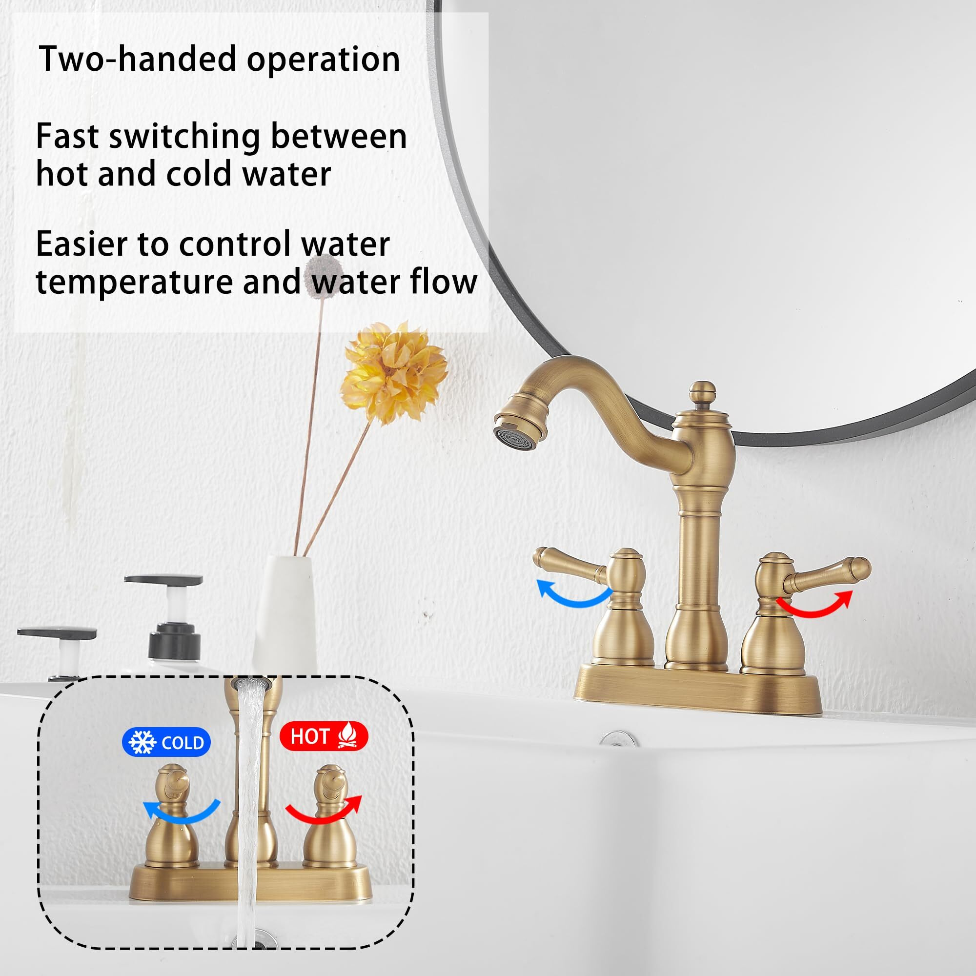 Ggstudy Antique Brass Bathroom Faucet 2 Handles 4 Inches Centerset Rv Bathroom Vanity Faucet With Drain Assembly And Supply Hose Lavatory Faucet