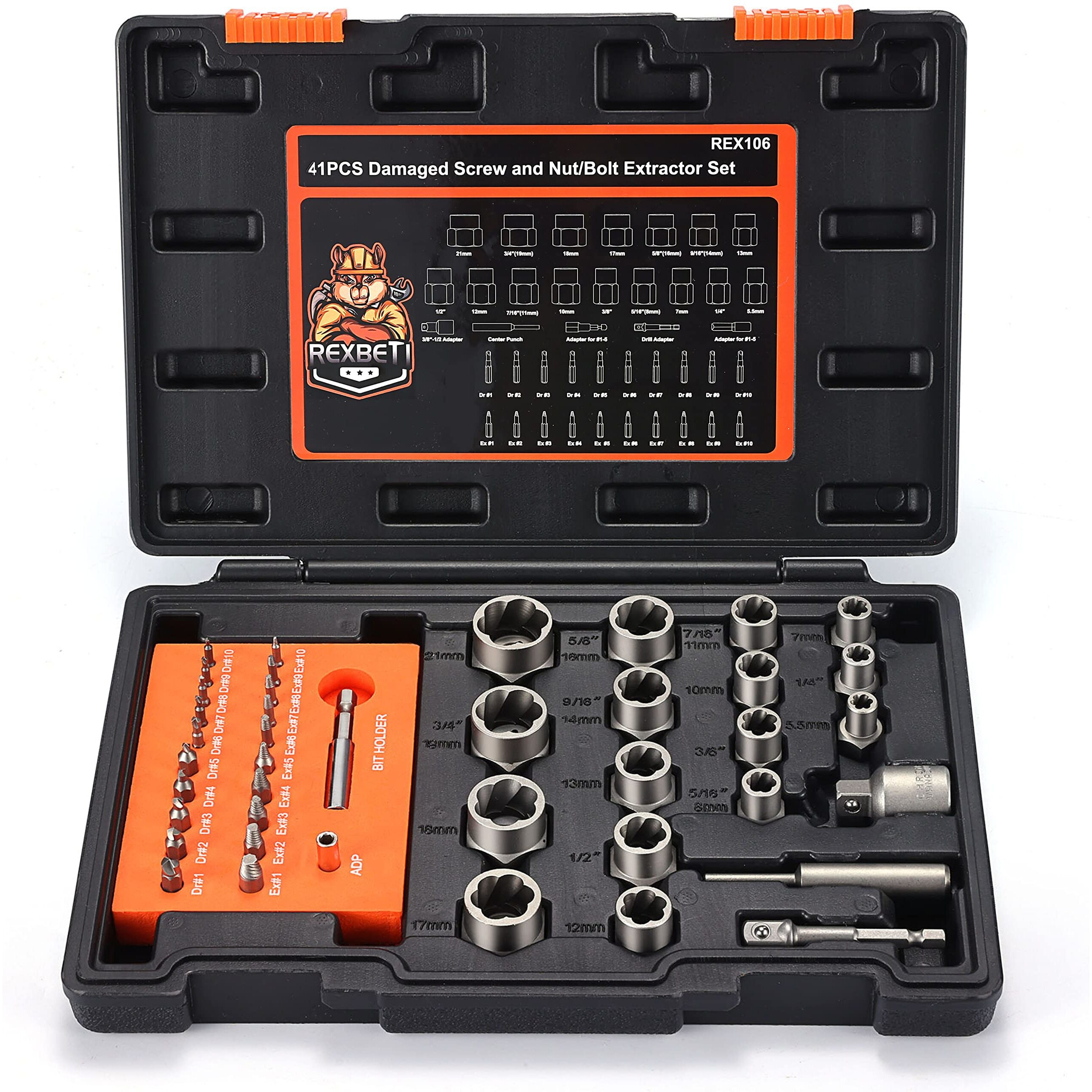Rexbeti 41-Piece Impact Bolt Extractor Screw Extractor Set And Stripped Screw Remover  Case With 16-Piece Bolt Extractor  10-Piece Hss Drill Bit  10-Piece Spiral Screw Extractor And 4 Piece Adapter