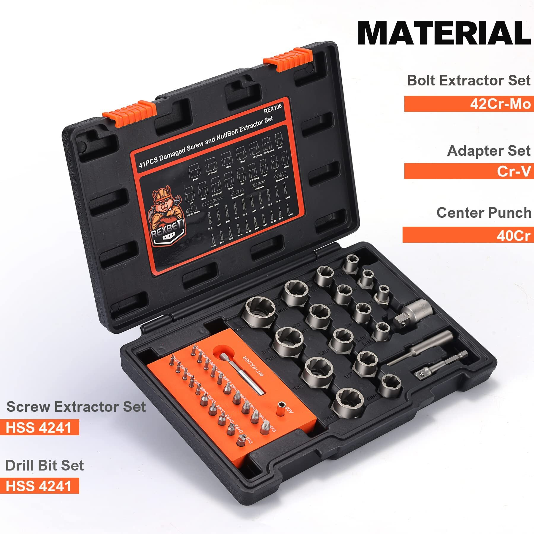 Rexbeti 41-Piece Impact Bolt Extractor Screw Extractor Set And Stripped Screw Remover  Case With 16-Piece Bolt Extractor  10-Piece Hss Drill Bit  10-Piece Spiral Screw Extractor And 4 Piece Adapter