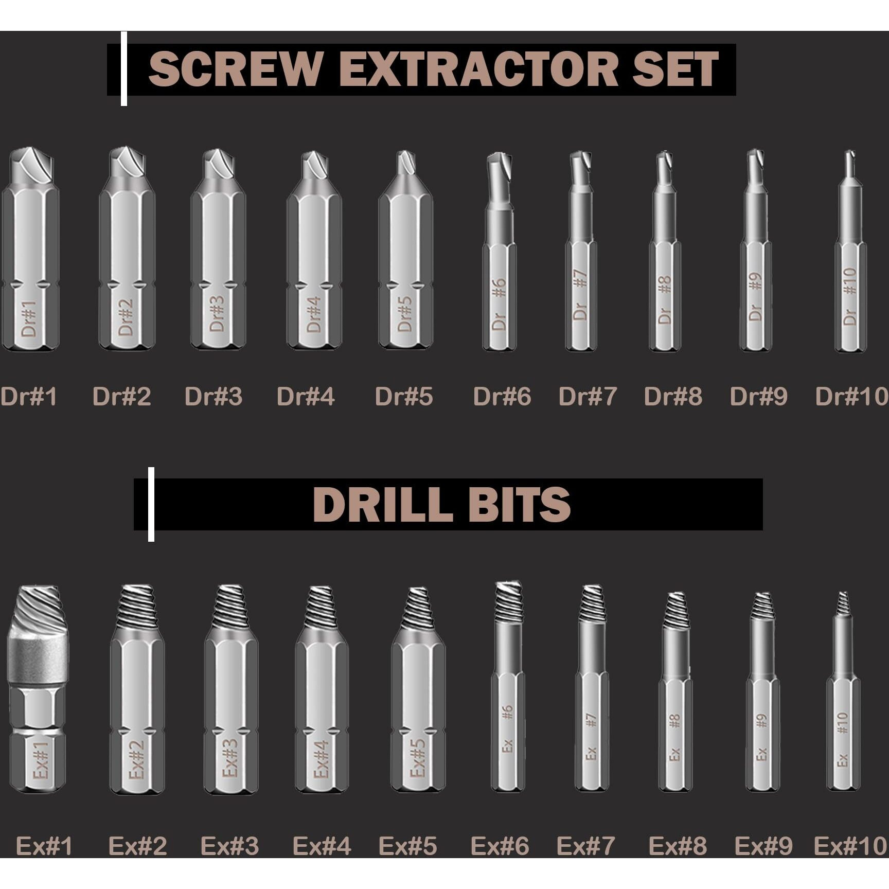 Rexbeti 41-Piece Impact Bolt Extractor Screw Extractor Set And Stripped Screw Remover  Case With 16-Piece Bolt Extractor  10-Piece Hss Drill Bit  10-Piece Spiral Screw Extractor And 4 Piece Adapter