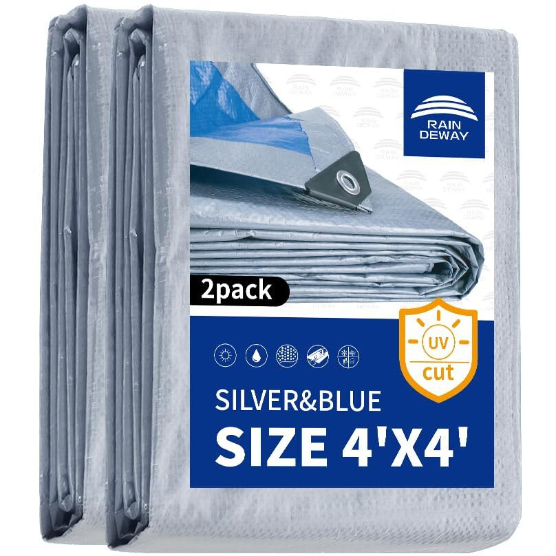 Raindeway Small Tarps Heavy Duty Waterproof 4X4 Feet(Pack Of 2) 5.5 Mil Thick  Multipurpose Waterproof Poly Tarp Cover Camping Tarpaulin Silver/Blue Tarp Finished Size